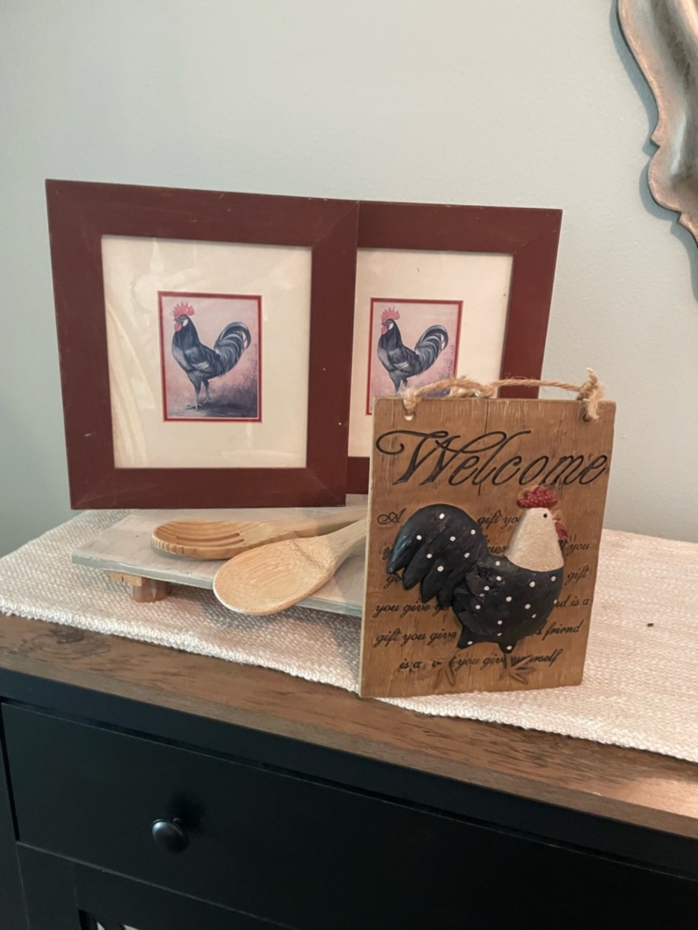 Farmhouse Rooster Kitchen Decor Set Rustic Chicken Wall Art + Welcome Sign